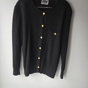 Black Ribbed Cardigan with Gold Buttons